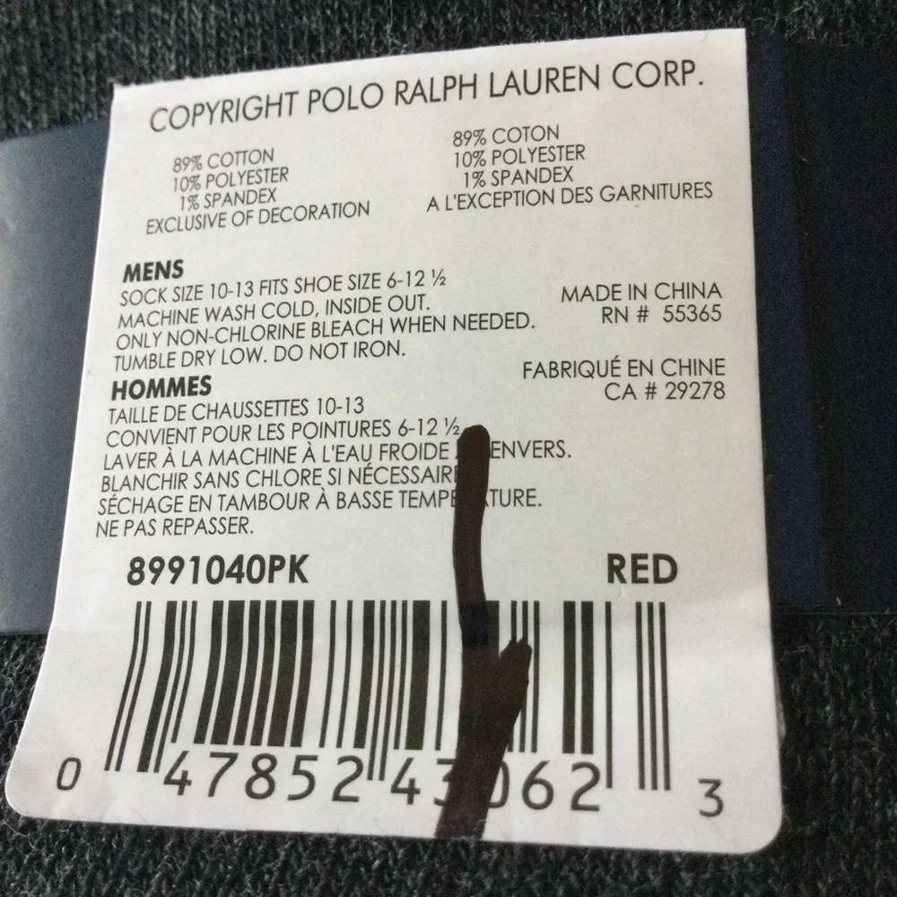 POLO RALPH LAUREN MENS 2 PAIR PACK BOOT SOCKS RED/BLACK AND GRAY WITH LOGO NWT